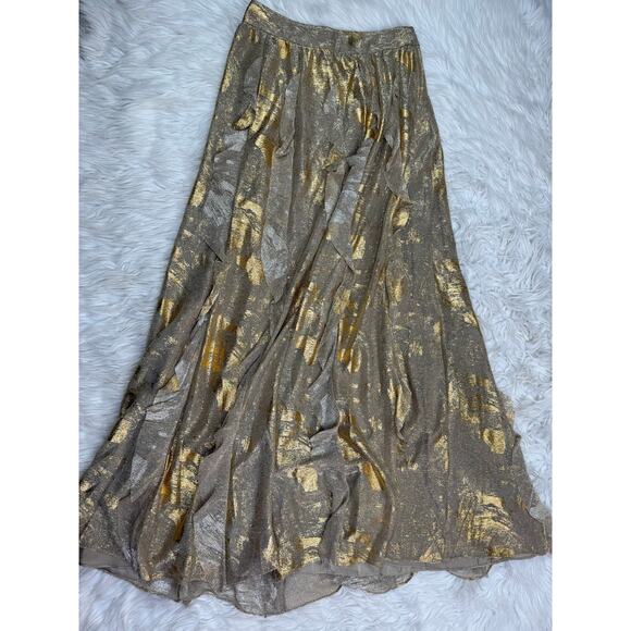 Anthropologie Moulinette Soeurs Fallen Star Gold Ruffle Maxi Skirt Size 2 Boho - Picture 4 of 16